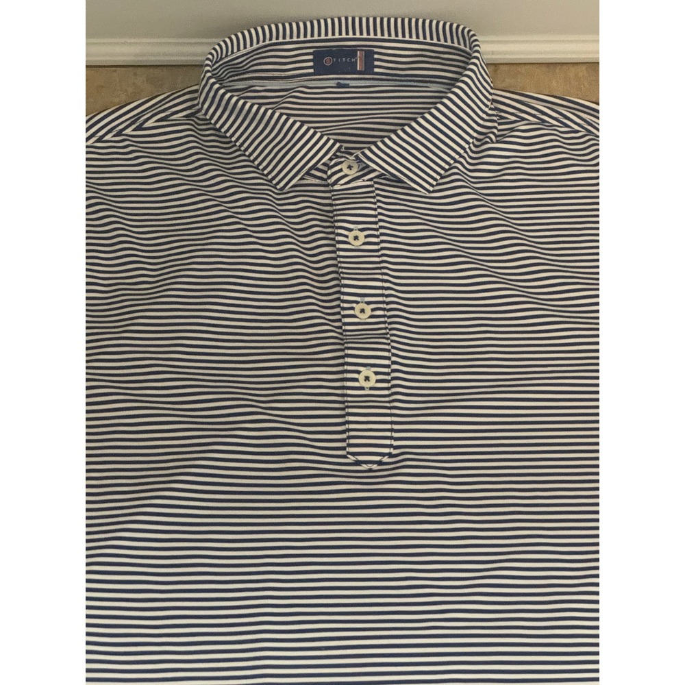 Stitch Golf Polo Shirt Mens XL Navy Blue White Striped Performance Casual - Picture 11 of 16